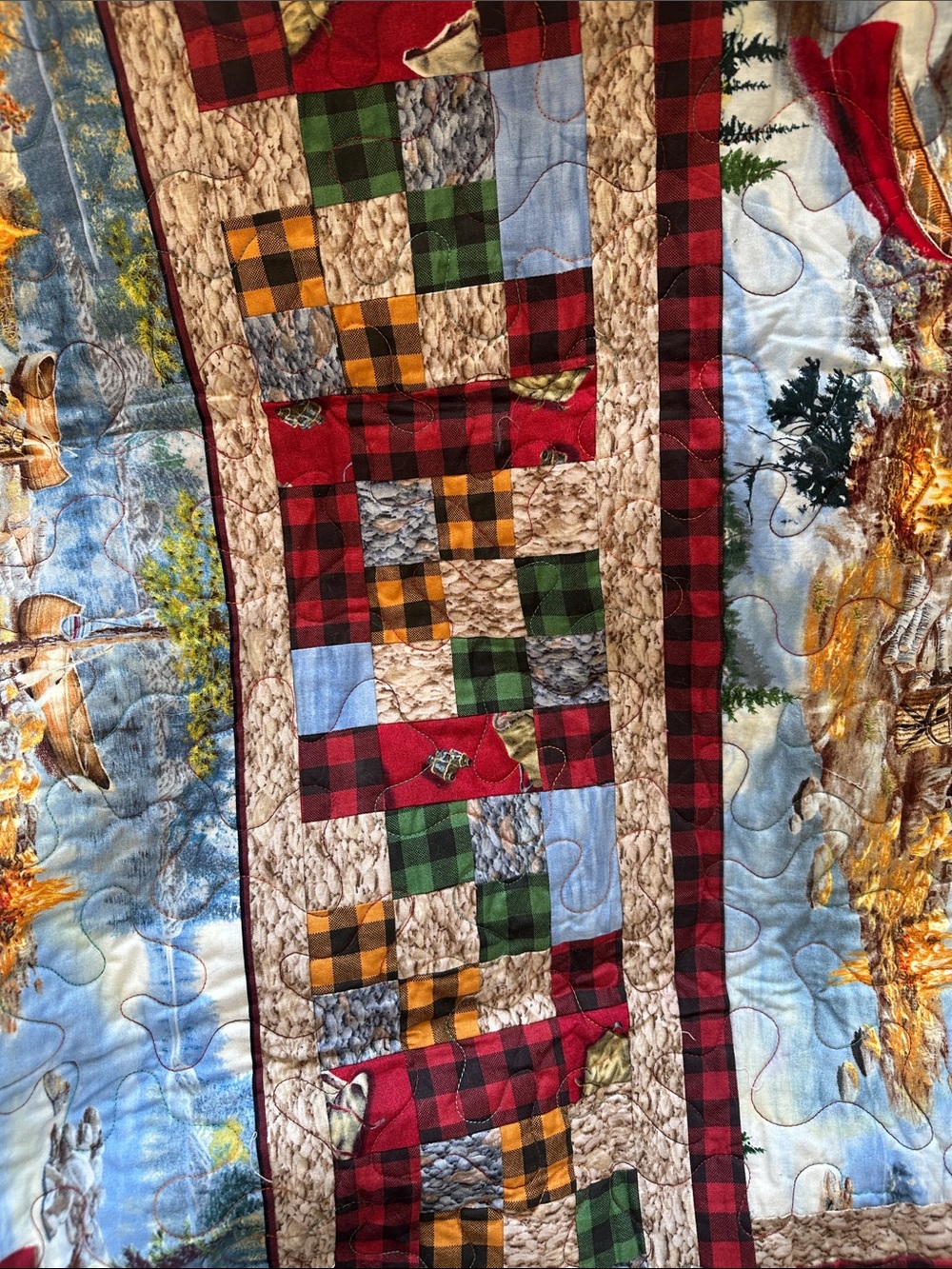 Scenic Forest Quilted Throw in Blue, Red & Green - handmade - Picture 3 of 4